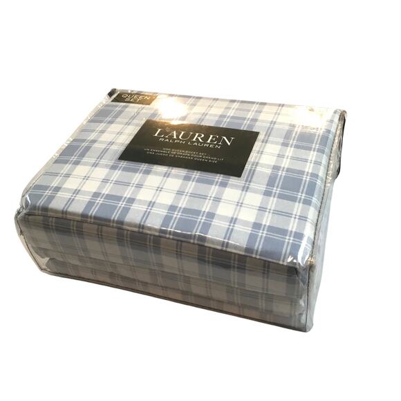 Lauren Ralph Lauren Queen Sheet Set Blue White Plaid NWT - Picture 3 of 3